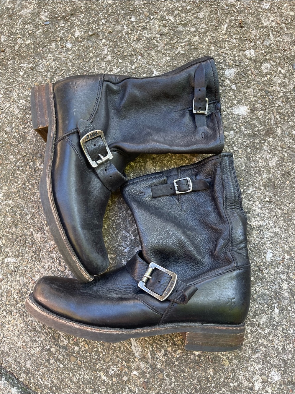 Women’s Frye Black Leather Engineer Boots - Classic Buckle Style